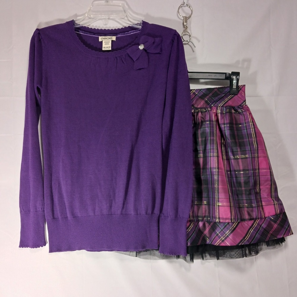 Cherokee Girls Sz XL (14/16) Purple Sweater and Plaid Skirt Set
